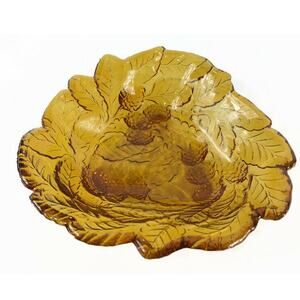Indiana Glass Amber Raised Leaf Serving Dish 7.25"  x 7" Vintage